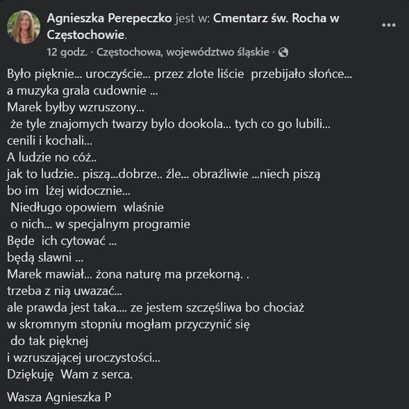 Wpis po powtórnym pogrzebie Marka Perepeczko