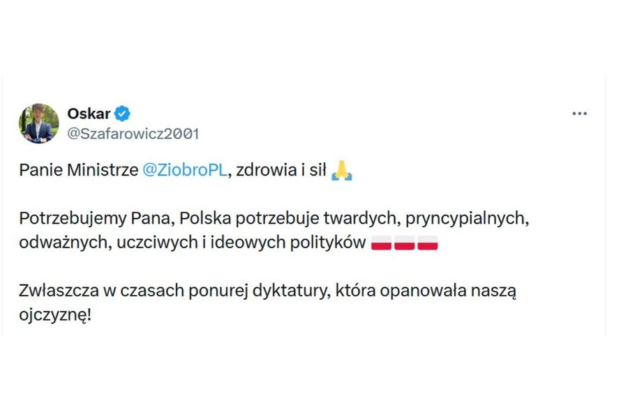 Wpis Oskara Szafarowicza, w którym wspiera Zbigniewa Ziobro