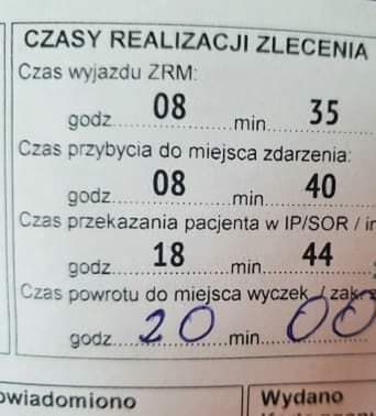 Czasy realizacji zlecenia: wyjazdu, pobrania pacjenta i przekazania go do szpitala