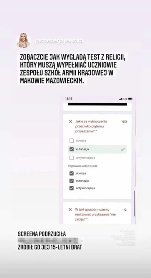 Aleksandra Gajewska pokazała test z religii 