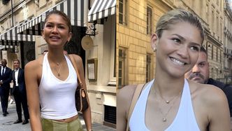 Uśmiechnięta Zendaya BEZ STANIKA opuszcza paryski hotel w białej podkoszulce i zielonej spódnicy (ZDJĘCIA)