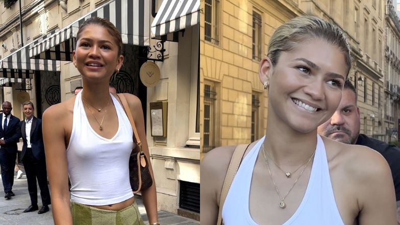 Uśmiechnięta Zendaya BEZ STANIKA opuszcza paryski hotel w białej podkoszulce i zielonej spódnicy (ZDJĘCIA)