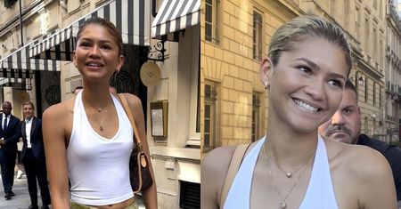 Uśmiechnięta Zendaya BEZ STANIKA opuszcza paryski hotel w białej podkoszulce i zielonej spódnicy (ZDJĘCIA)