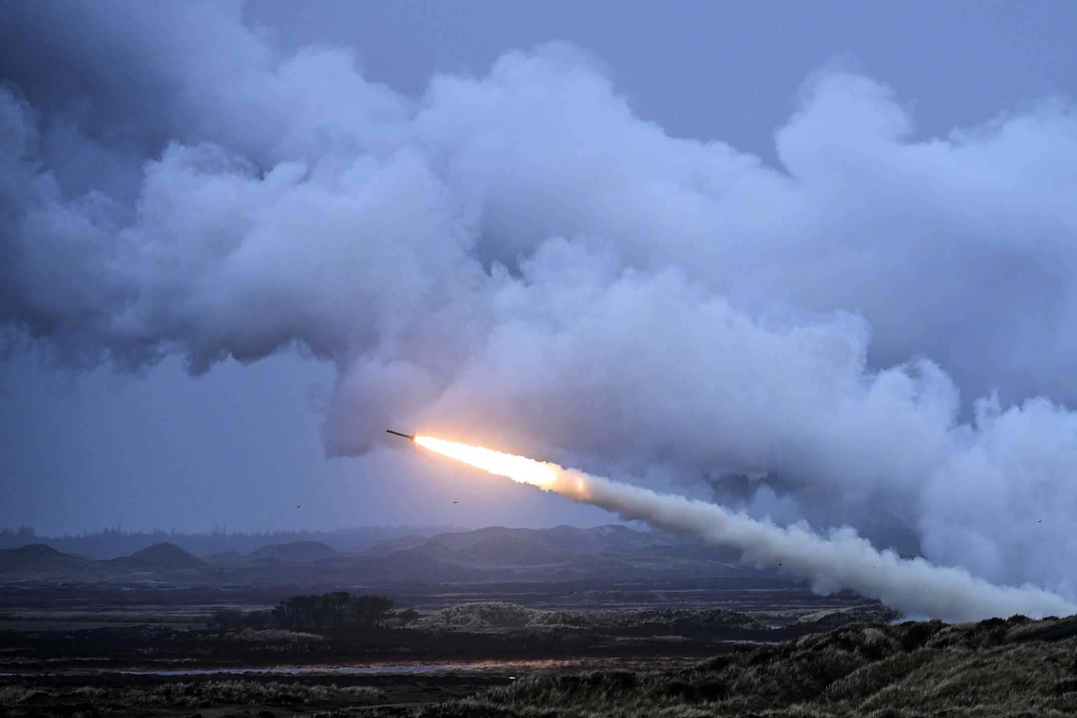 OKSBOL, DENMARK - MARCH 30: The M142 HIMARS rocket is seen during Dynamic Front military exercise led by the United States in the Oksbol training area, Denmark, on March 30, 2023. (Photo by Sergei Gapon/Anadolu Agency via Getty Images)
