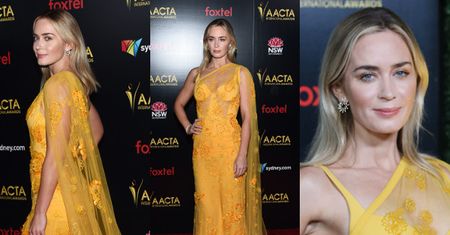 Dostojna Emily Blunt eksponuje stanik w pomarańczowej sukience Elie Saab