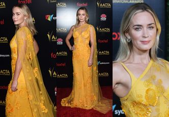 Dostojna Emily Blunt eksponuje stanik w pomarańczowej sukience Elie Saab