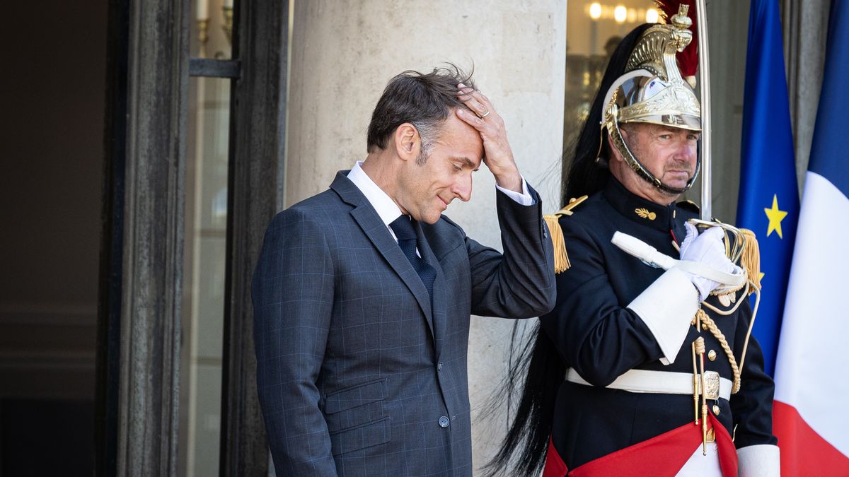 Emmanuel Macron, France's President, is seen at the entrance of the Elysee Presidential Palace, prior to the meeting with the President of the Republic of Gabon, Brice Oligui Nguema, in Paris, France, on July 20, 2026. (Photo by Telmo Pinto/NurPhoto via Getty Images)