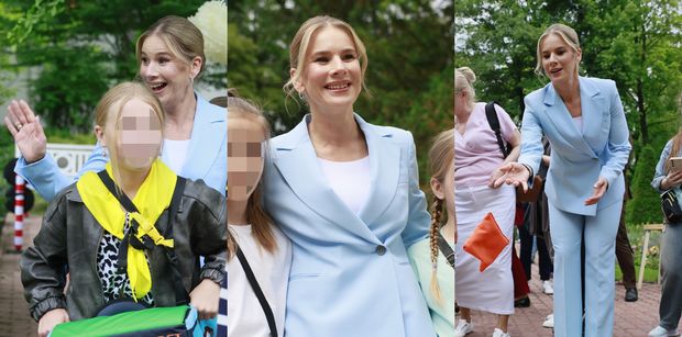 Skąpana w błękicie Marta Nawrocka spędza czas z dzieciakami w dniu ich święta w ogrodach Pałacu Prezydenckiego (ZDJĘCIA)