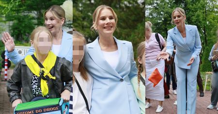 Skąpana w błękicie Marta Nawrocka spędza czas z dzieciakami w dniu ich święta w ogrodach Pałacu Prezydenckiego (ZDJĘCIA)