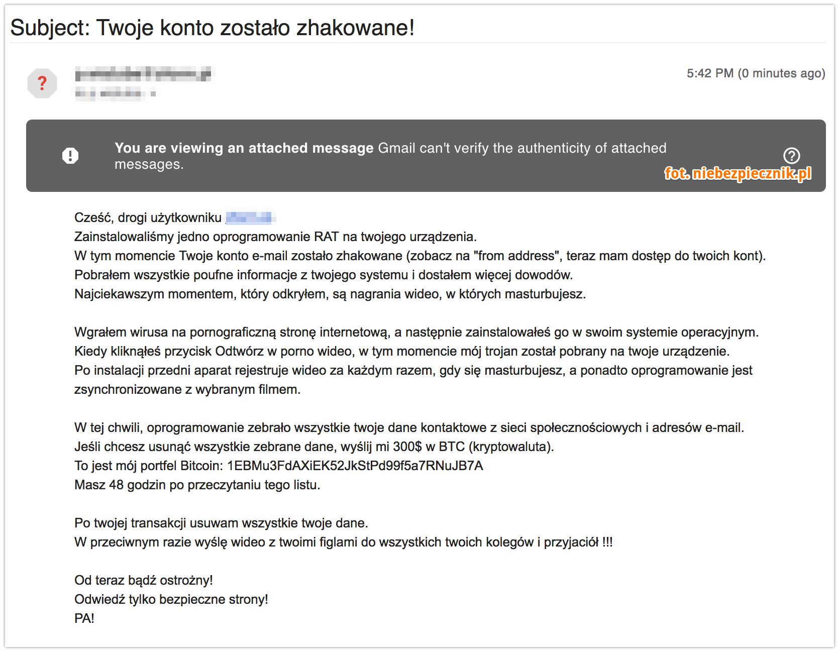 Treść wiadomości e-mail od oszusta, źródło: Niebiezpiecznik.