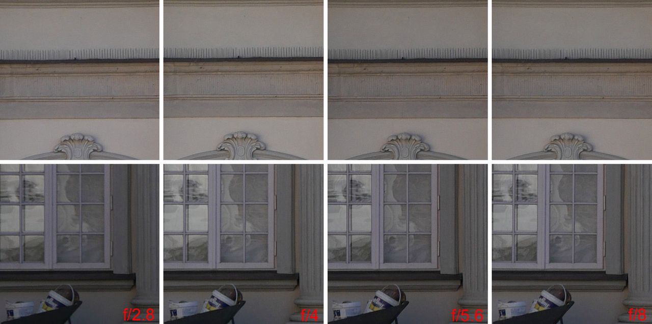 Wycinki ze zdjęć z długiego zooma, z centrum kadru (górne) i z obrzeża (dolne) dla czterech otworów przysłon i ogniskowej 60 mm.Pełna rozdzielczość© Paweł Baldwin