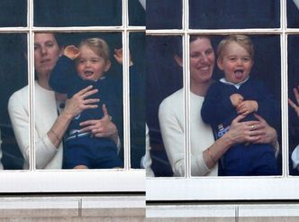 Książę Jerzy z nianią w oknie pałacu Buckingham (ZDJĘCIA)
