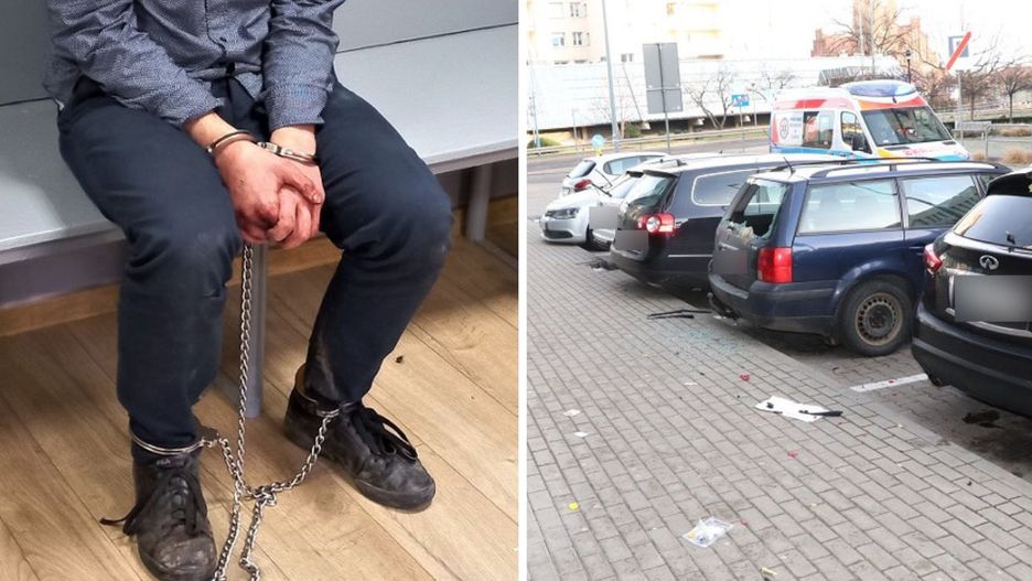 Zdjęcia zatrzymanego i uszkodzonych samochodów opublikowane przez KMP w Legnicy