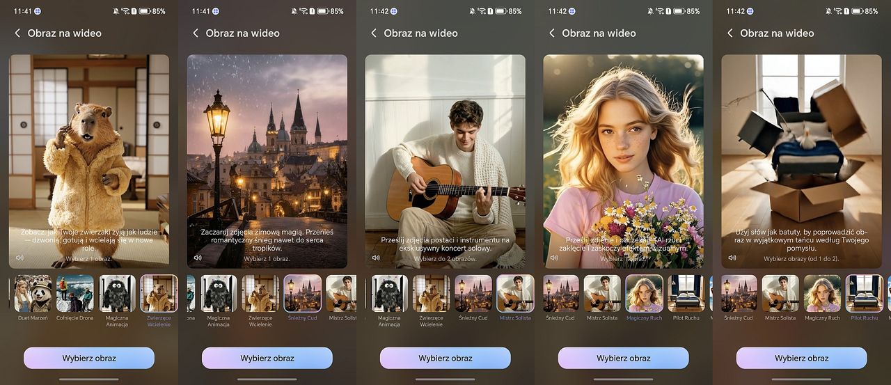 AI Image to Video 2.0 oferuje 15 różnych wersji klipów filmowych