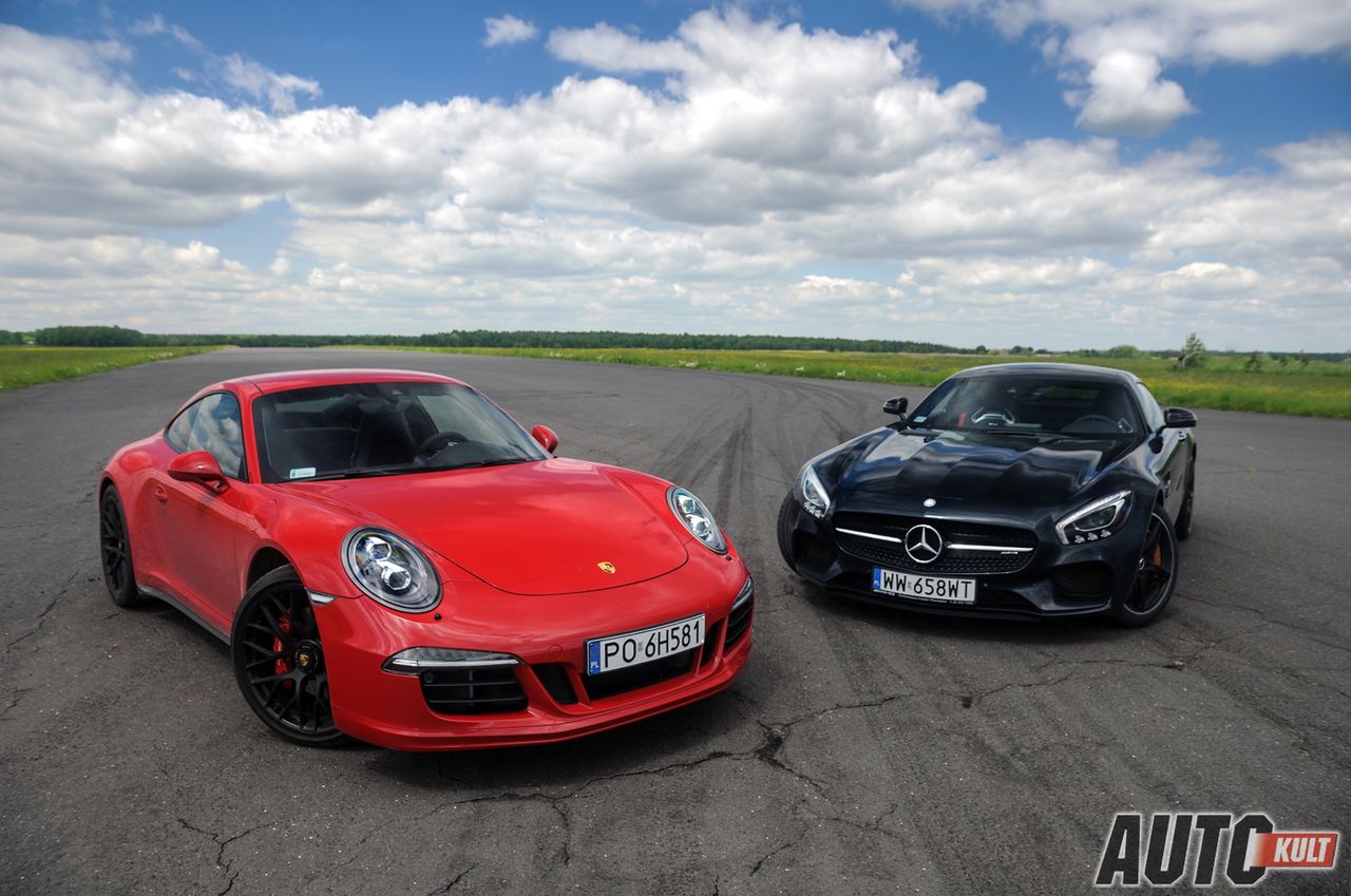 Porsche 911 Carrera 4 GTS - żywa legenda i Mercedes AMG GT S - ambitny świeżak. Obydwa prezentują się świetnie, Mercedes jest bardziej muskularny i to on bardziej rzuca się w oczy.