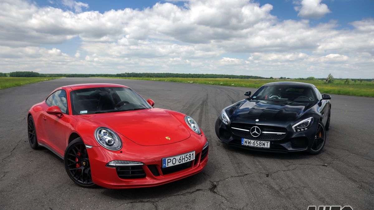 Porsche 911 Carrera 4 GTS - żywa legenda i Mercedes AMG GT S - ambitny świeżak. Obydwa prezentują się świetnie, Mercedes jest bardziej muskularny i to on bardziej rzuca się w oczy.