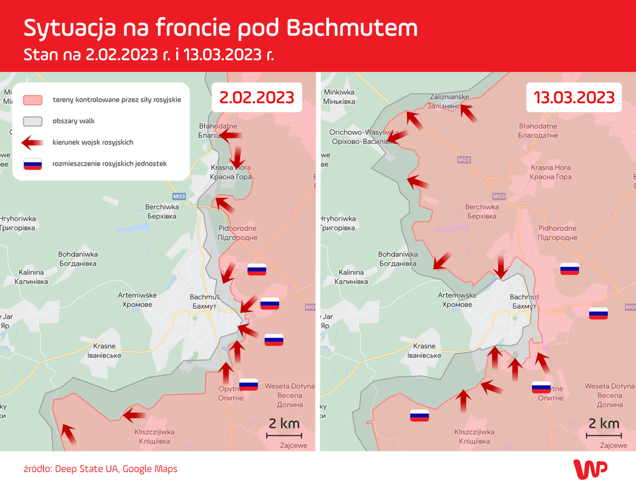 Sytuacja na froncie pod Bachmutem. Porównanie luty-marzec 2023 r.