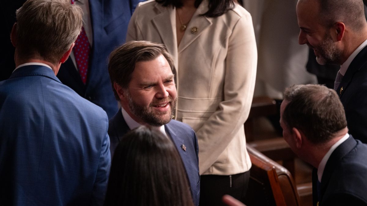 WASHINGTON, DC - FEBRUARY 24: Vice President J.D. Vance arrives at the State of the Union in the chambers of the U.S. House of Representatives in Washington, DC on February 24, 2026. (Photo by Nathan Posner/Anadolu via Getty Images)