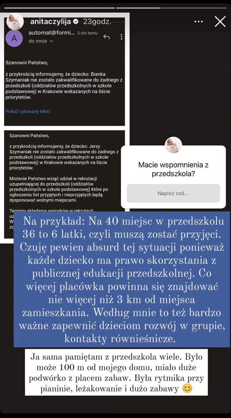 Anita Szydłowska żali się, że jej dzieci nie przyjęto do publicznego przedszkola