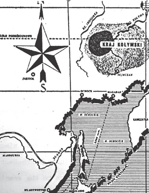 Kołyma i Magadan na mapce z epoki. To tam transportowano Stanisława Kowalskiego 