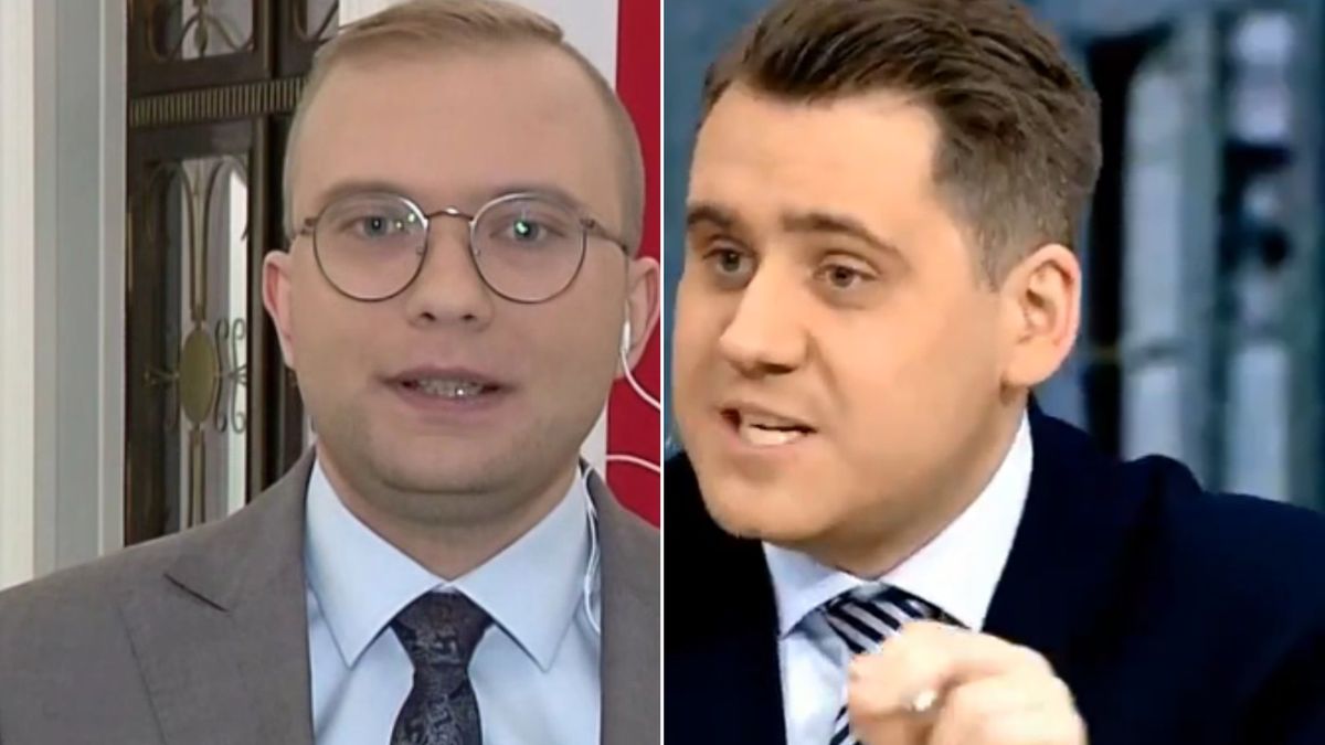 Reporter TVP Info Bartłomiej Fertycki oraz poseł PiS Daniel Milewski