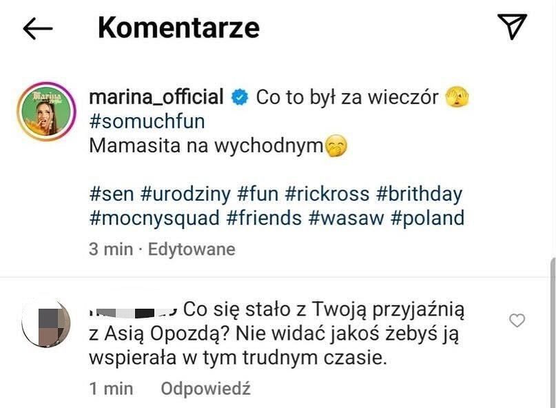 Marina została zapytana o przyjaźń z Joanną Opozdą
