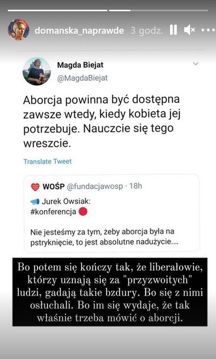 Alekdandra Domańska skrytykowała słowa Jurka Owsiaka