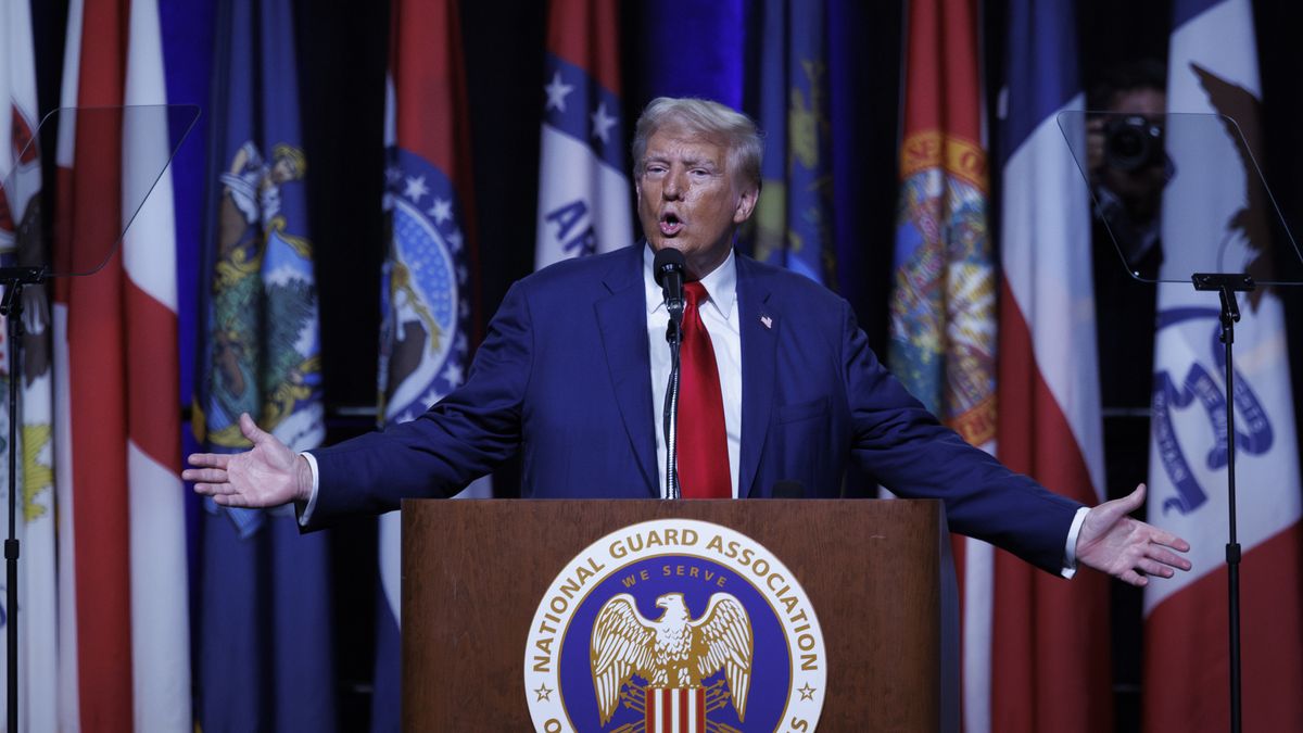 DETROIT, MI, AUGUST 26: 

Republican presidential nominee Donald Trump speaks at the Huntington Place Convention Center in Detroit, Michigan, on August 26, 2024. Trump traveled to Detroit before attending the 146th annual National Guard
Association of the United States conference. (Photo by Tom Brenner for The Washington Post via Getty Images)
