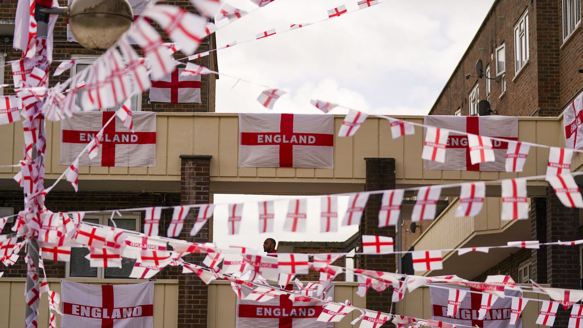 The residents of Towfield Court in Feltham have transformed their estate with England flags for the Euro 2020 tournament. Picture date: Wednesday July 7, 2021. (Photo by Steve Parsons/PA Images via Getty Images)