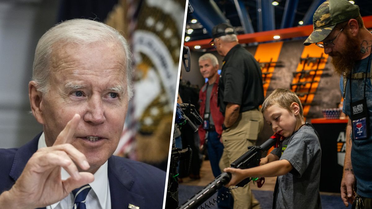 Kolaż: z lewej strony Joe Biden - z prawej ojciec z dzieckiem w sklepie broni
