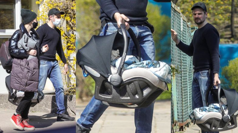 Agnieszka Więdłocha i Antoni Pawlicki z córką "na mieście"