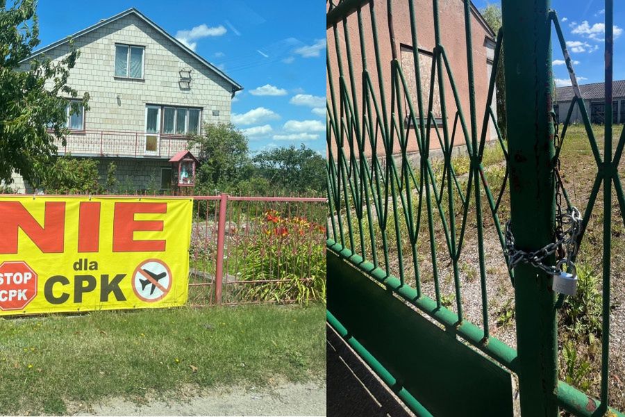 Okolice miejscowości Nowy Oryszew, objętej planami budowy lotniska. Przy zamkniętej posesji politycy Lewicy mieli w 2023 roku konferencję na temat ich sprzeciwu wobec CPK. Co najmniej od maja 2024 popierają projekt.