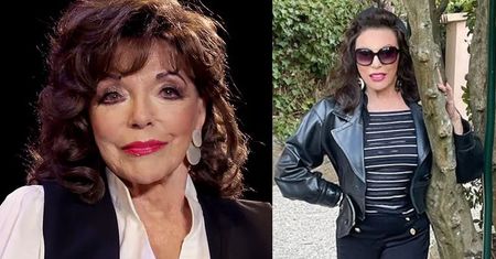 89-letnia Joan Collins z gładką twarzą pręży się w skórze przy drzewie! Wygląda na swój wiek? (FOTO)