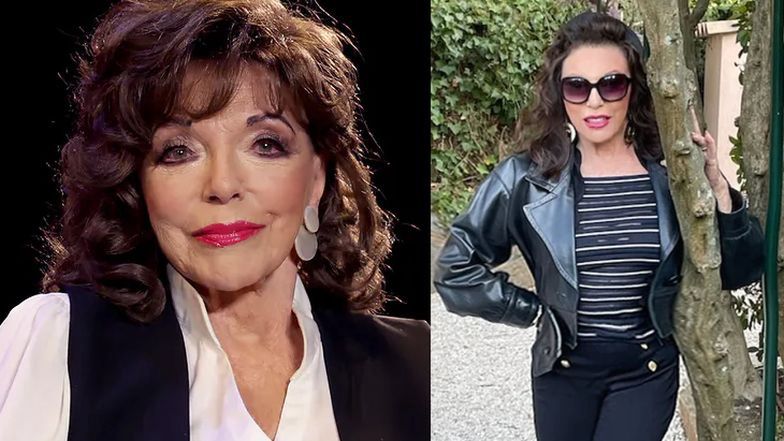 89-letnia Joan Collins z gładką twarzą pręży się w skórze przy drzewie! Wygląda na swój wiek? (FOTO)