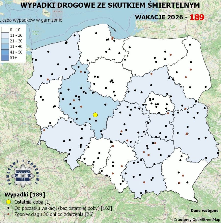 Mapa wypadków drogowych ze skutkiem śmiertelnym - Wakacje 2026