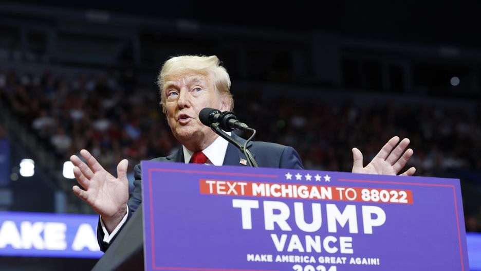 GRAND RAPIDS, MICHIGAN - JULY 20: Republican presidential nominee, former U.S. President Donald Trump speaks during a campaign rally at the Van Andel Arena on July 20, 2024 in Grand Rapids, Michigan. Trump's campaign event is the first joint event with his recent vice presidential pick Sen. J.D. Vance (R-OH) and the first campaign rally since the attempted assassination attempt his rally in Butler, Pennsylvania.  (Photo by Anna Moneymaker/Getty Images)