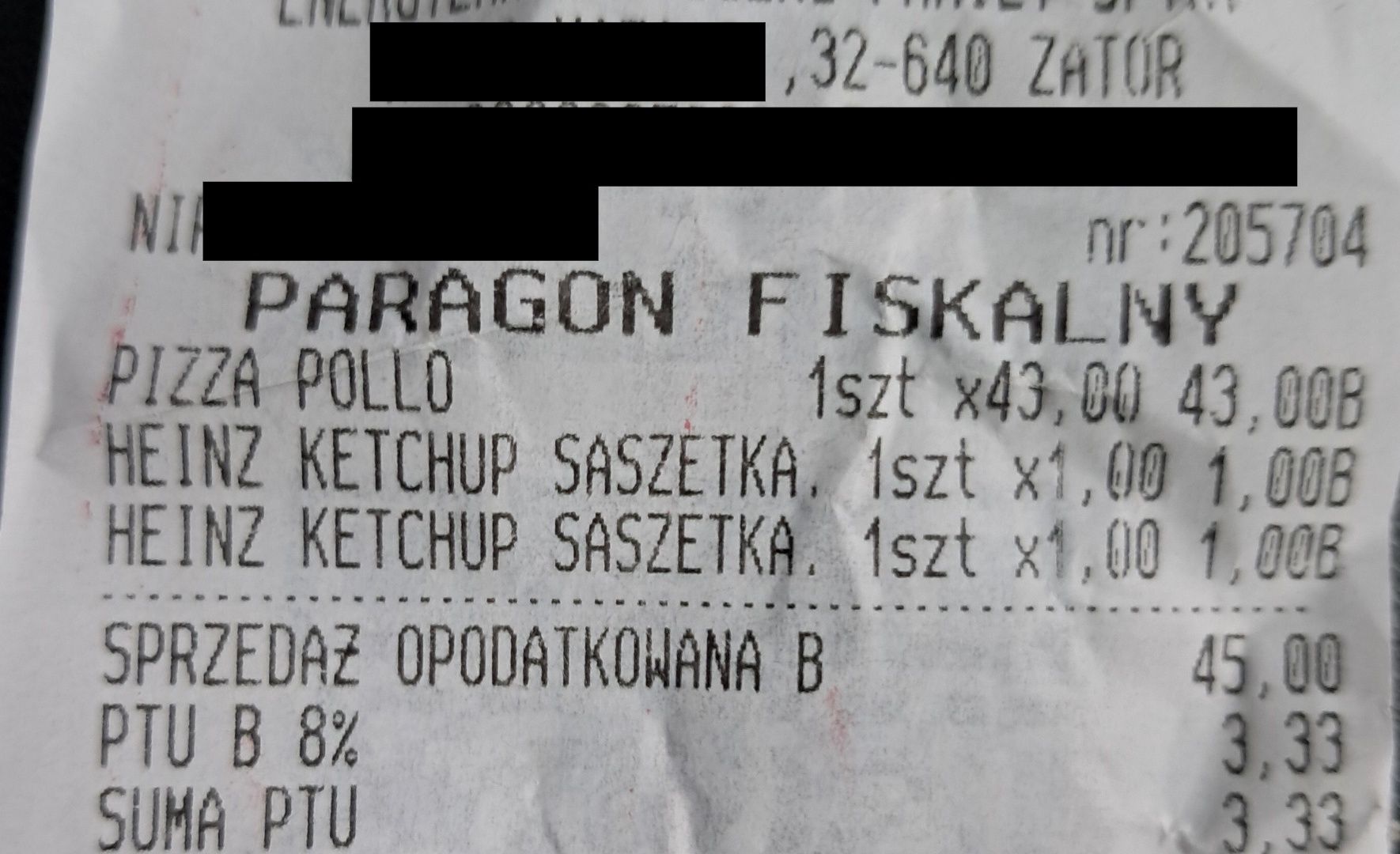 Paragon za pizzę