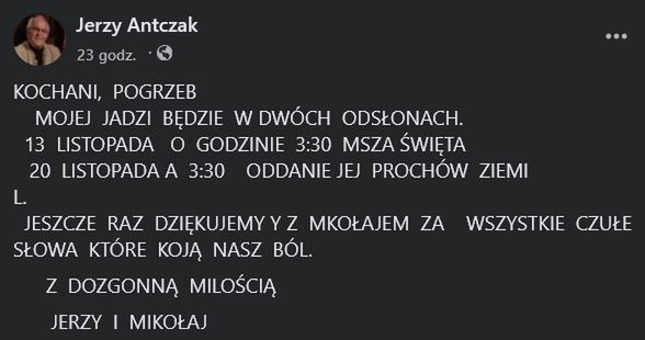 Jerzy Antczak podał informacje o pogrzebie Jadwigi Barańskiej