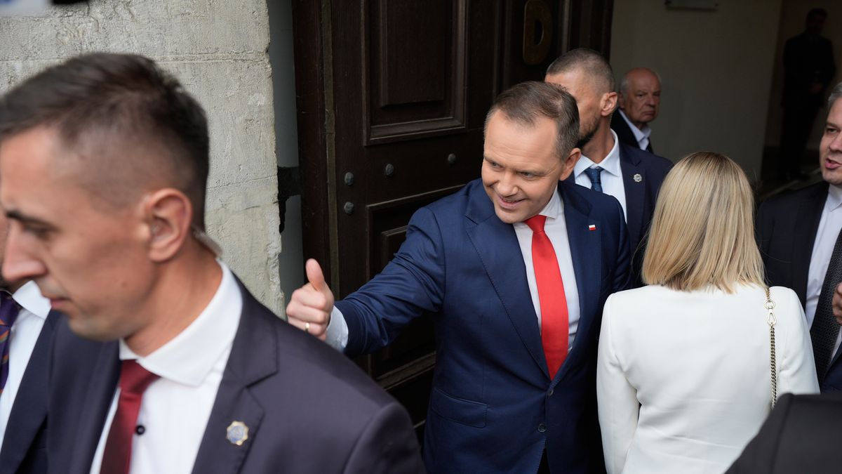 President elect Karol Nawrocki gestrures towards supporters after his certification ceremony at the Royal Castle Square in Warsaw, Poland on 11 June, 2025. (Photo by Jaap Arriens/NurPhoto via Getty Images)