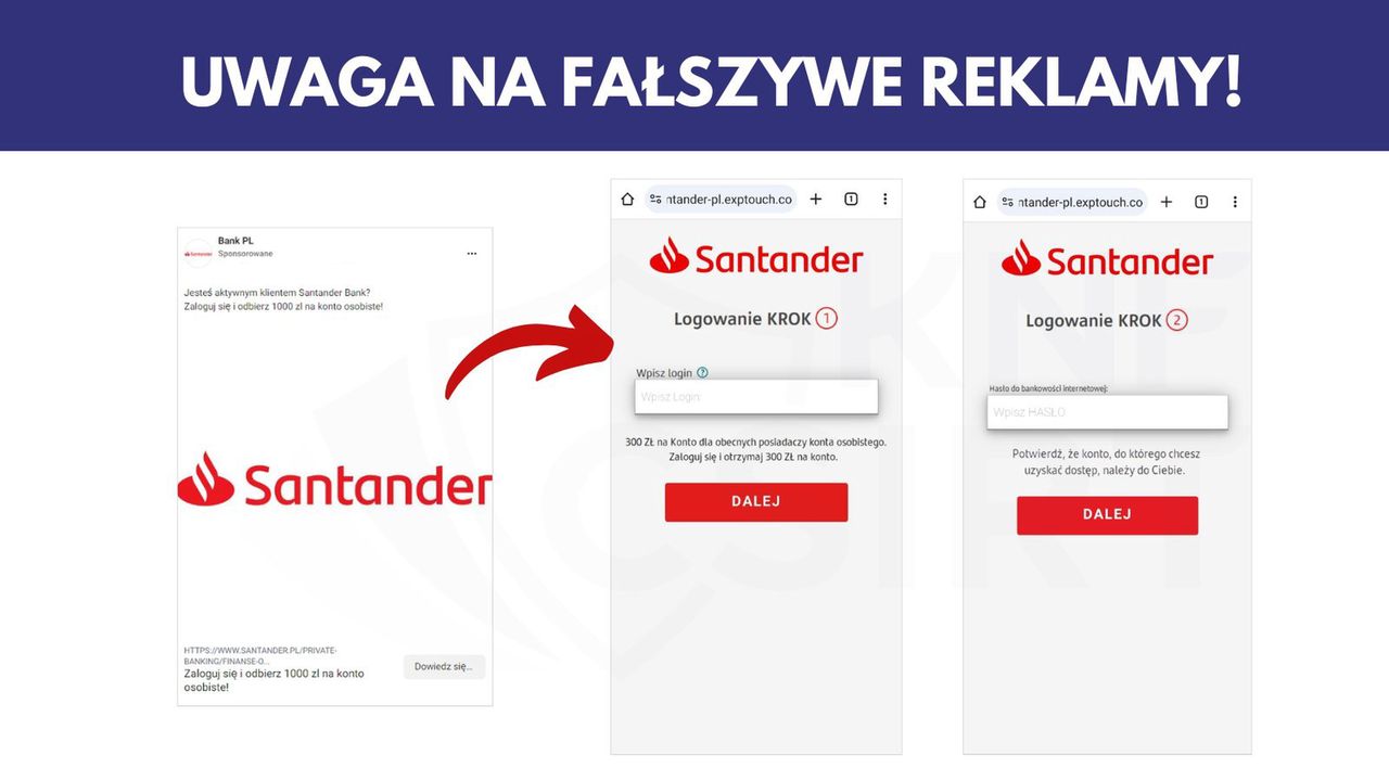Fałszywy post i strona internetowa z logo Santandera