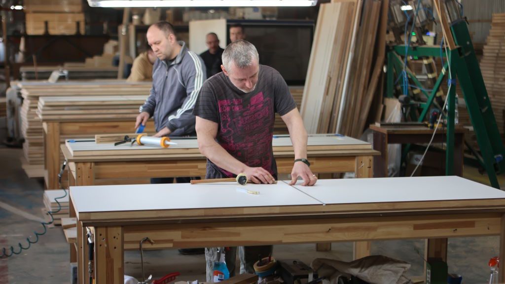 Woodworking Company Relocated From Kharkiv Region Operates In Kalush
IVANO-FRANKIVSK REGION, UKRAINE - MARCH 04, 2024 - Employees of the Allwood interior door manufacturing company, relocated from Kharkiv region to Prykarpattia due to active hostilities, at work in the shop, Kalush, Ivano-Frankivsk region, western Ukraine. (Photo credit should read Yurii Rylchuk / Ukrinform/Future Publishing via Getty Images)
Future Publishing
relocated business, relocated enterprise, kalush, prykarpattia, ivano-frankivsk region, production, woodworking industry, allwood