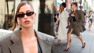 Hailey Bieber eksponuje GŁĘBOKI DEKOLT, krocząc po Manhattanie w oversize'owej marynarce. Ikona stylu? (ZDJĘCIA)