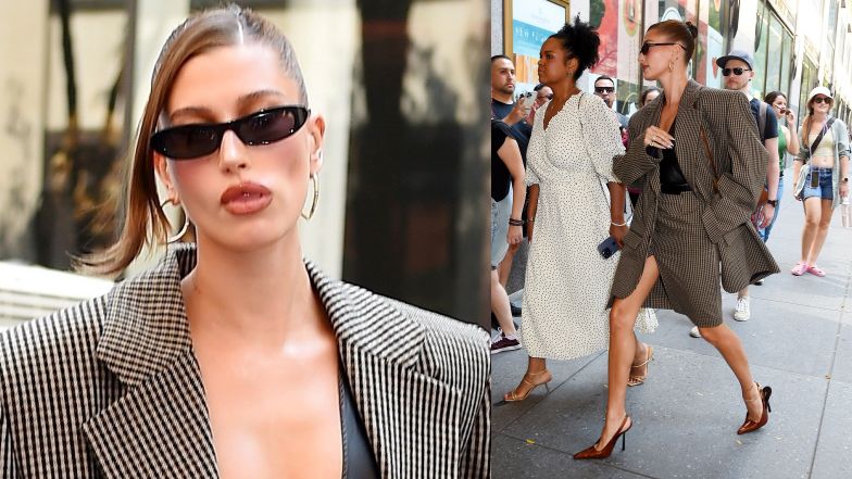 Hailey Bieber eksponuje GŁĘBOKI DEKOLT, krocząc po Manhattanie w oversize'owej marynarce. Ikona stylu? (ZDJĘCIA)