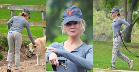 Wyluzowana Renne Zellweger spaceruje z psem po parku w Los Angeles bez grama makijażu (ZDJĘCIA)