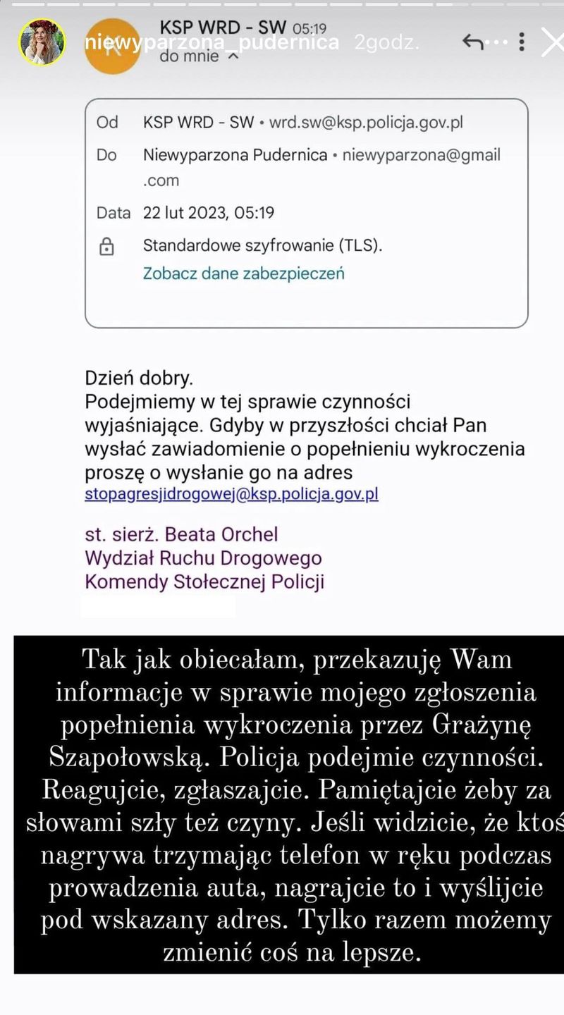 Jest reakcja policji na zgłoszenie wykroczenia Grażyny Szapołowskiej