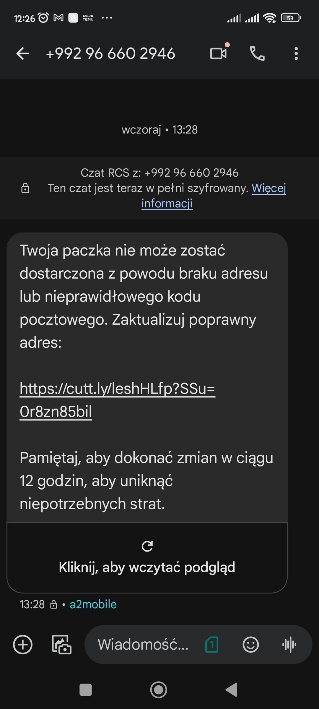 Fałszywa wiadomość, którą otrzymała czytelniczka