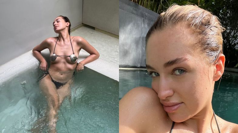 Odziana w bikini z muszelek Caroline Derpienski chłodzi ciało w 