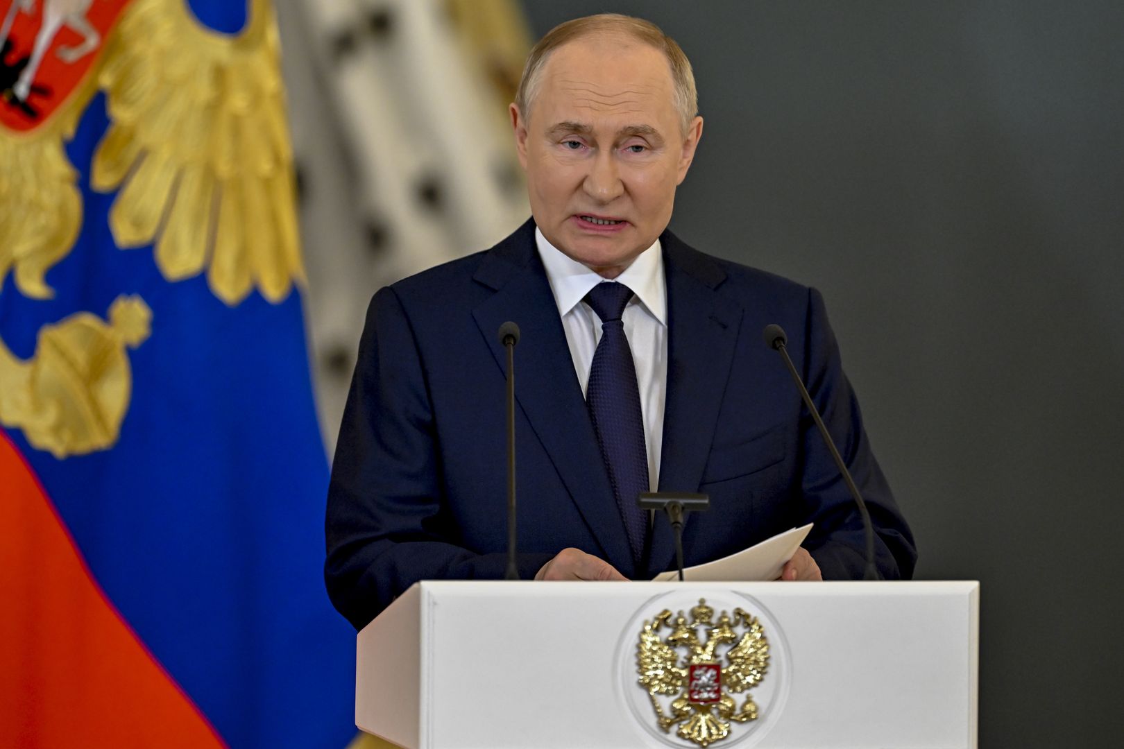 MOSCOW, RUSSIA - JULY 09: Russian President Vladimir Putin speaks during the award ceremony as he awards the Order of St. Andrew to Indian Prime Minister Narendra Modi (not seen) for his contributions to the relations between the two countries in Moscow, Russia on July 09, 2024. Delegations from both nations attended the award ceremony in the capital on Tuesday, July 9. The Order of St. Andrew was the highest honor of the Russian Empire, awarded to the Imperial Family, ambassadors, and servants of the state. (Photo by Sefa Karacan/Anadolu via Getty Images)