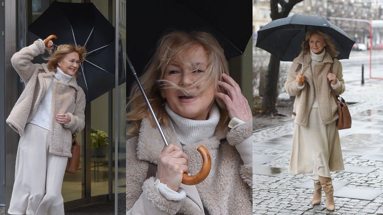 Grażyna Torbicka walczy z wiatrem na Marszałkowskiej