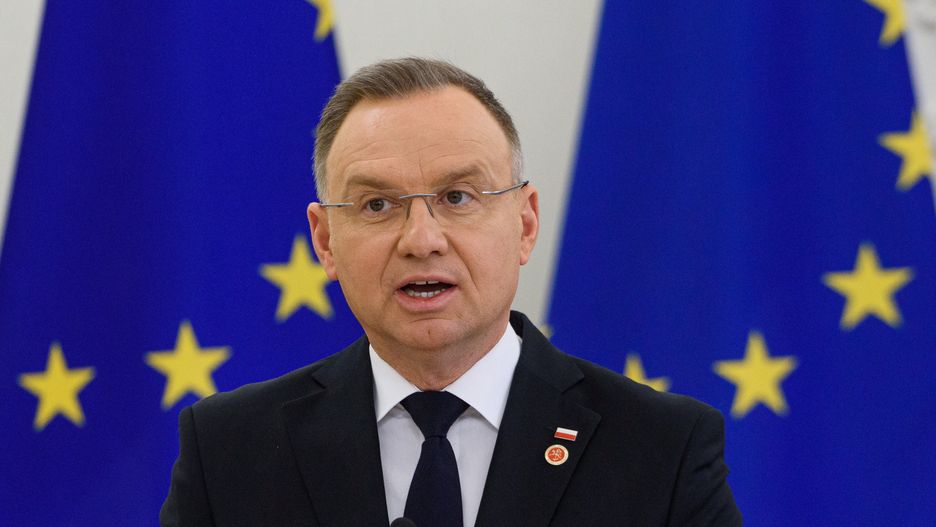 VILNIUS, LITHUANIA - 2025/02/09: Polish President Andrzej Duda gives a statement at the Presidential palace in Vilnius. Official ceremonies marking Baltic Energy Independence Day took place in Vilnius, attended by the presidents of Lithuania, Latvia, Estonia, and Poland, as well as European Commission President Ursula von der Leyen. In her speech, von der Leyen emphasized the significance of the milestone, stating, "Today, we celebrate the Baltic States' energy independence. Europe is following your leadphasing out reliance on Russian energy." The event symbolized the full synchronization of the Baltic electricity grid with the European system, ending decades of dependence on Russia. (Photo by Yauhen Yerchak/SOPA Images/LightRocket via Getty Images)